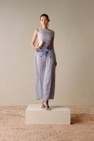 Blue Leicia embroidered pinstripe off-shoulder midi dress with a fitted waist and elegant design, showcased from the front view.