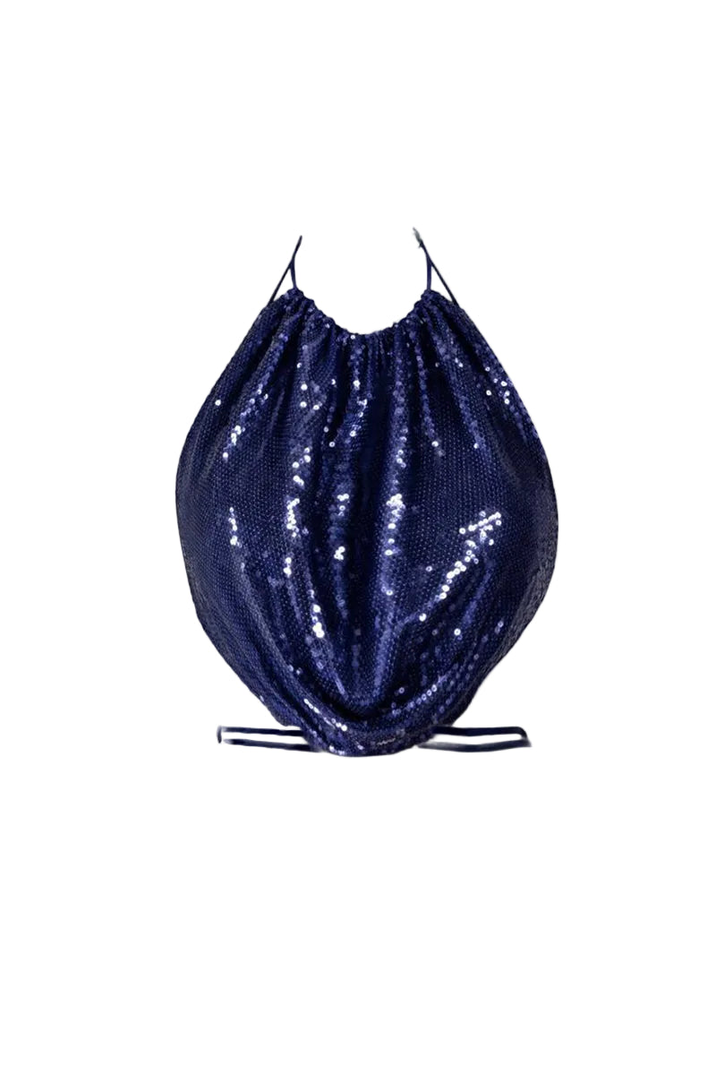 Aquarel Studio blue KAYA top featuring a relaxed fit with a round neckline and short sleeves, displayed on a hanger.