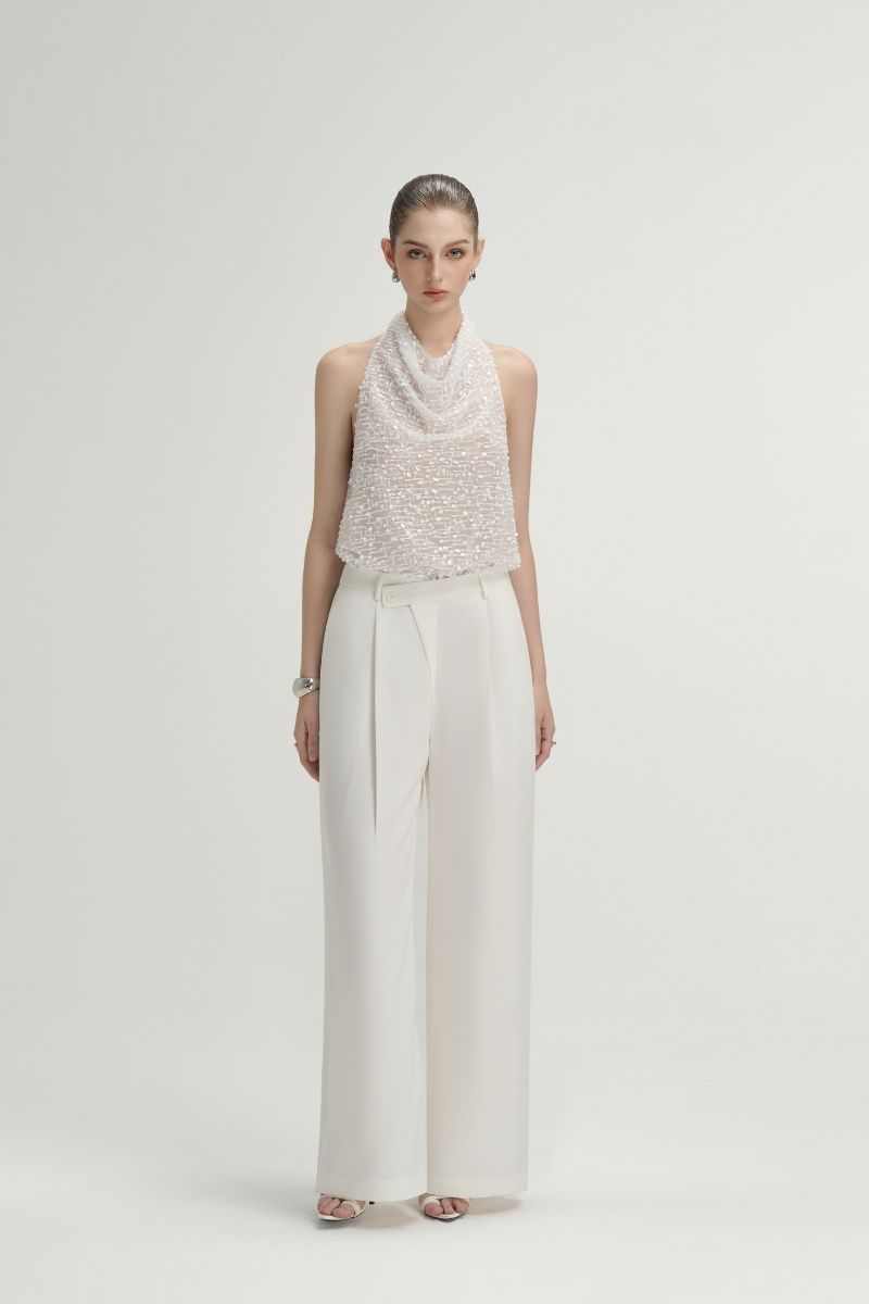 White Jane Pants by Arti Apparel, stylish women's pants with a relaxed fit and clean design, shown in a full-length view.