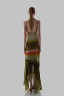 Baobab Carlotta Maxi Dress in flowing fabric with V-neck and sleeveless design, displayed on a mannequin.