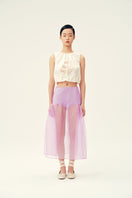 Chictopia Lois Lilac Midi Skirt displayed on a hanger, showcasing its soft fabric and elegant length for stylish everyday wear.