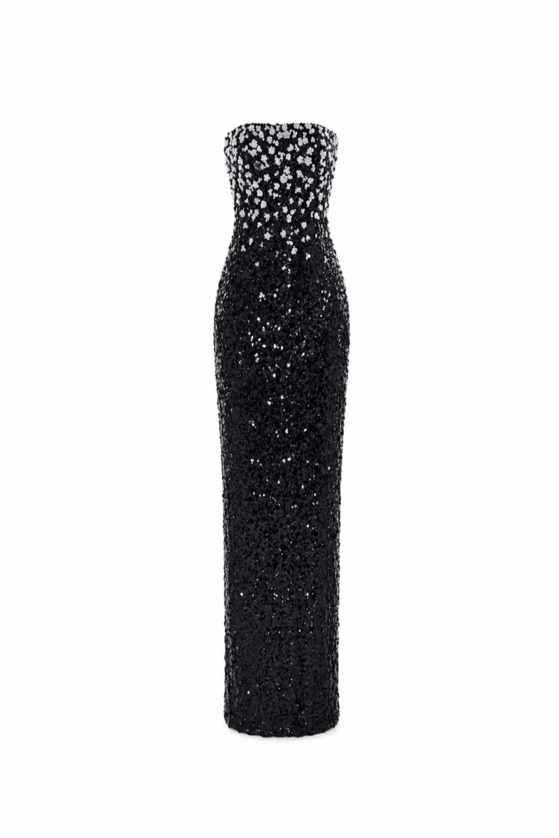 Black Luna floral sequin gown by HACCHIC COUTURE, showcasing a maxi dress with intricate floral sequin details and elegant flowing fabric.