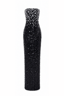 Black Luna floral sequin gown by HACCHIC COUTURE, featuring intricate floral sequin details and a flowing elegant silhouette.