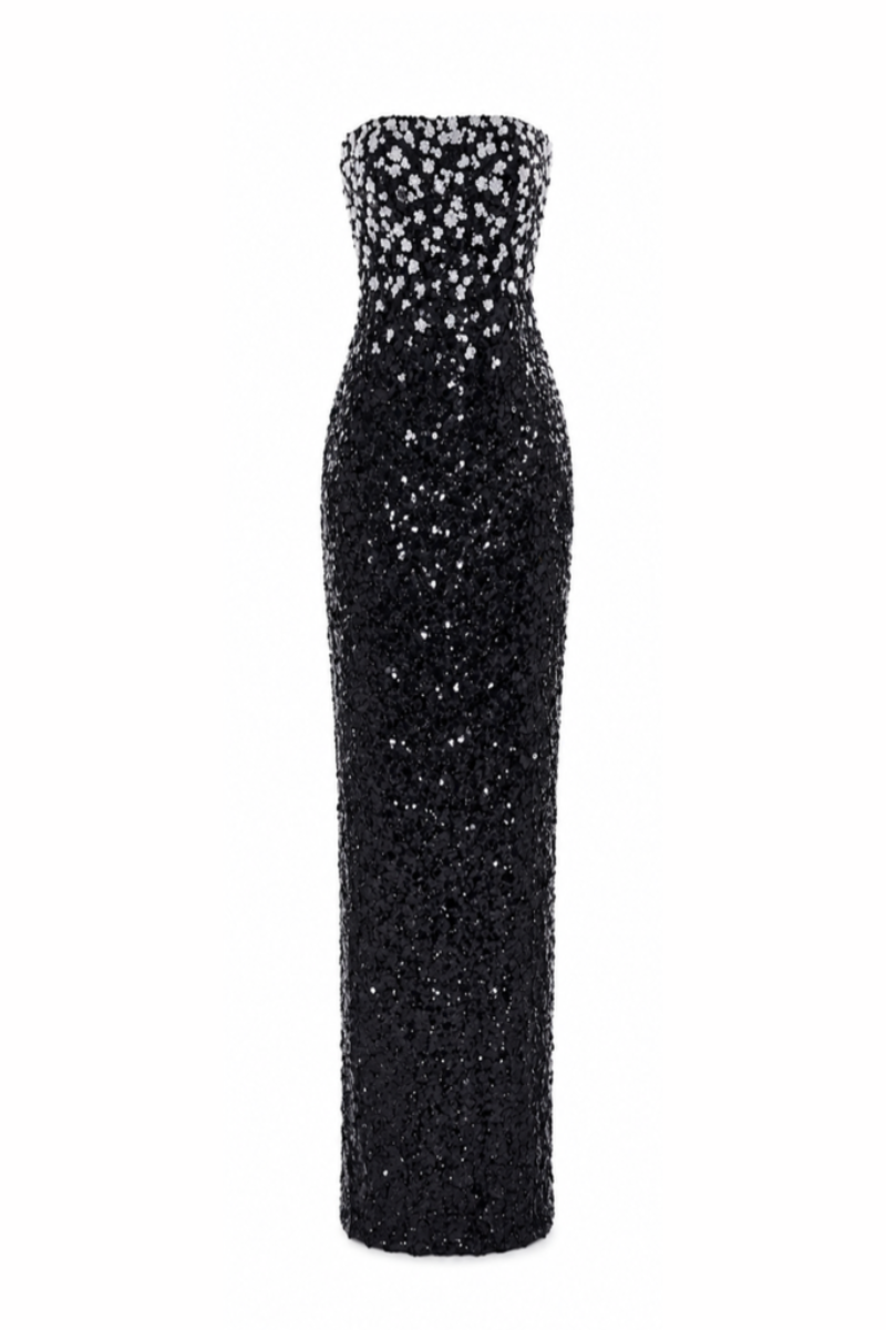 Black Luna floral sequin gown by HACCHIC COUTURE, featuring intricate floral sequin details and a flowing elegant silhouette.