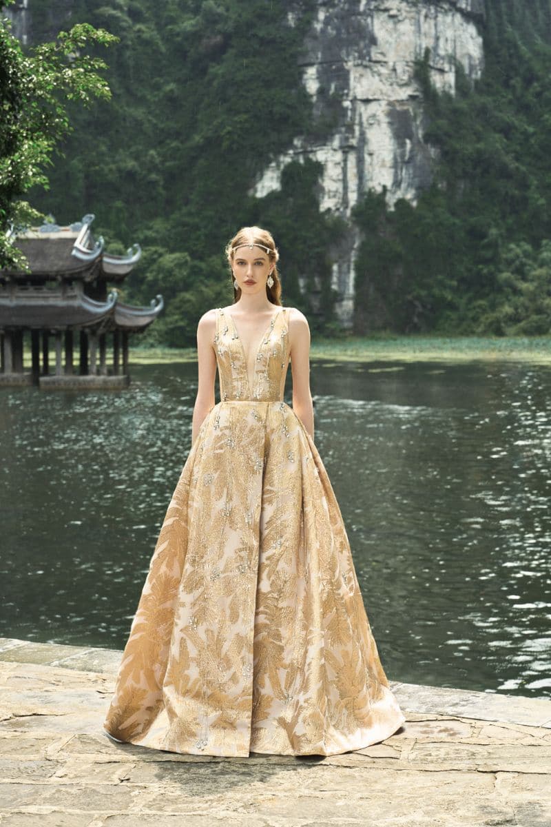 Tracy Studio Golden Sleeveless Deep V-Neck Gown | Cult Mia Tracy Studio Golden Sleeveless Deep V-Neck Gown | Cult Mia