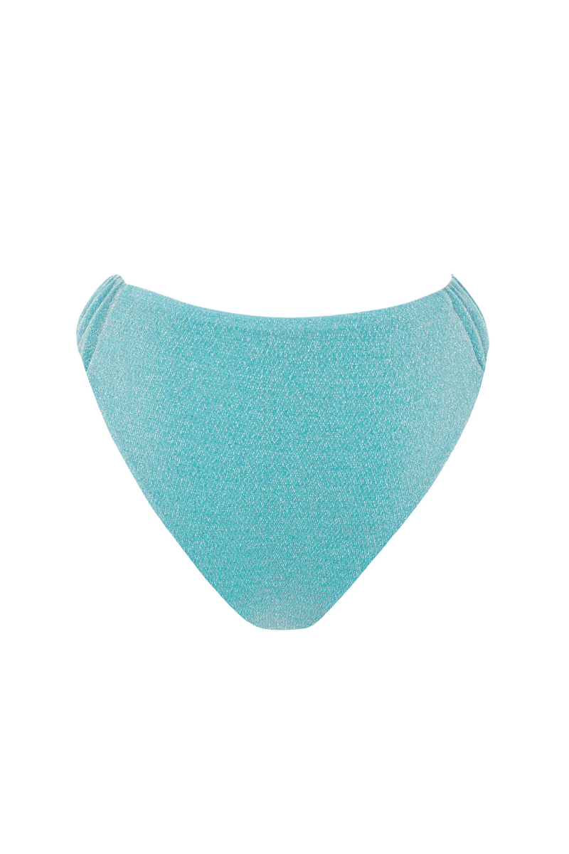 Suncillo Gina sparkly turquoise bikini bottom with shimmering fabric, designed for beach or poolside wear.