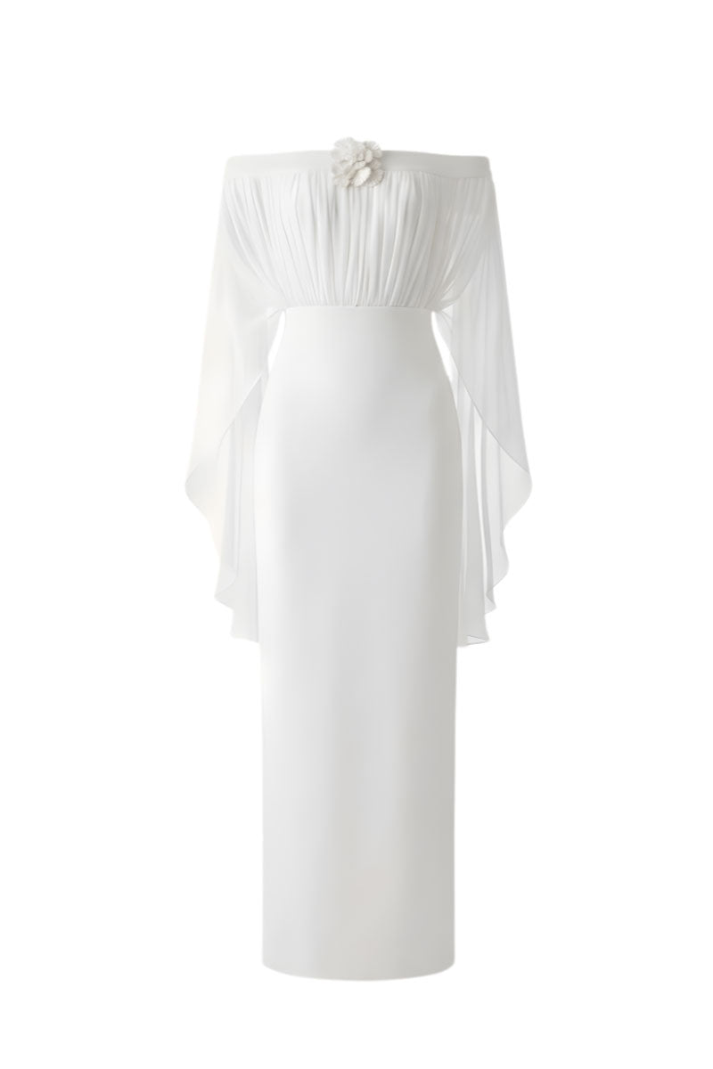 White Plan Elara off-shoulder maxi dress with flowing fabric and elegant design, perfect for summer or special occasions.