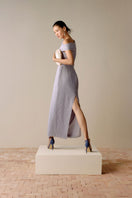 Blue embroidered pinstripe off-shoulder midi dress by LeCia, featuring elegant embroidery and a stylish off-the-shoulder design.