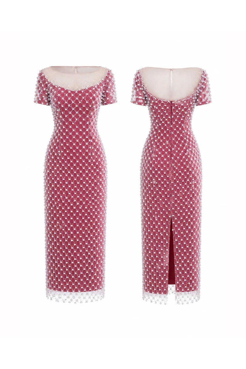 HACCHIC COUTURE Camellia crystal mesh midi dress in rose pink with intricate embellishments and elegant fit.