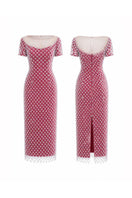 HACCHIC COUTURE Camellia Crystal Mesh Dress in rose pink, midi length with intricate crystal detailing and elegant mesh fabric.