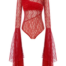 Sudi Etuz lace long sleeve bodysuit with intricate floral lace design and fitted style, shown on a mannequin.