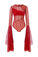 Sudi Etuz lace long sleeve bodysuit with intricate floral lace design and fitted style, shown on a mannequin.