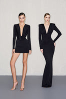 CEM deep V-neckline gown with gathered shoulder details, flowing fabric, elegant design perfect for formal occasions.