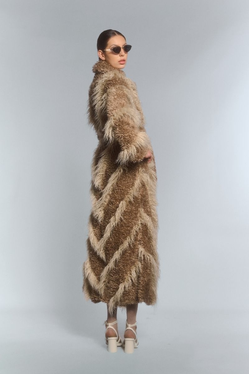 FAUX FUR MAXI COAT WITH DIAGONAL PANELS IN BEIGE - CULT MIA