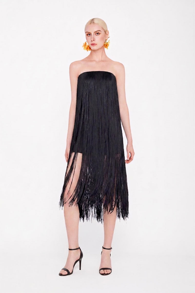 Black Valenciani all-over fringe midi dress showing flowing fabric and detailed fringe accents on the hem.