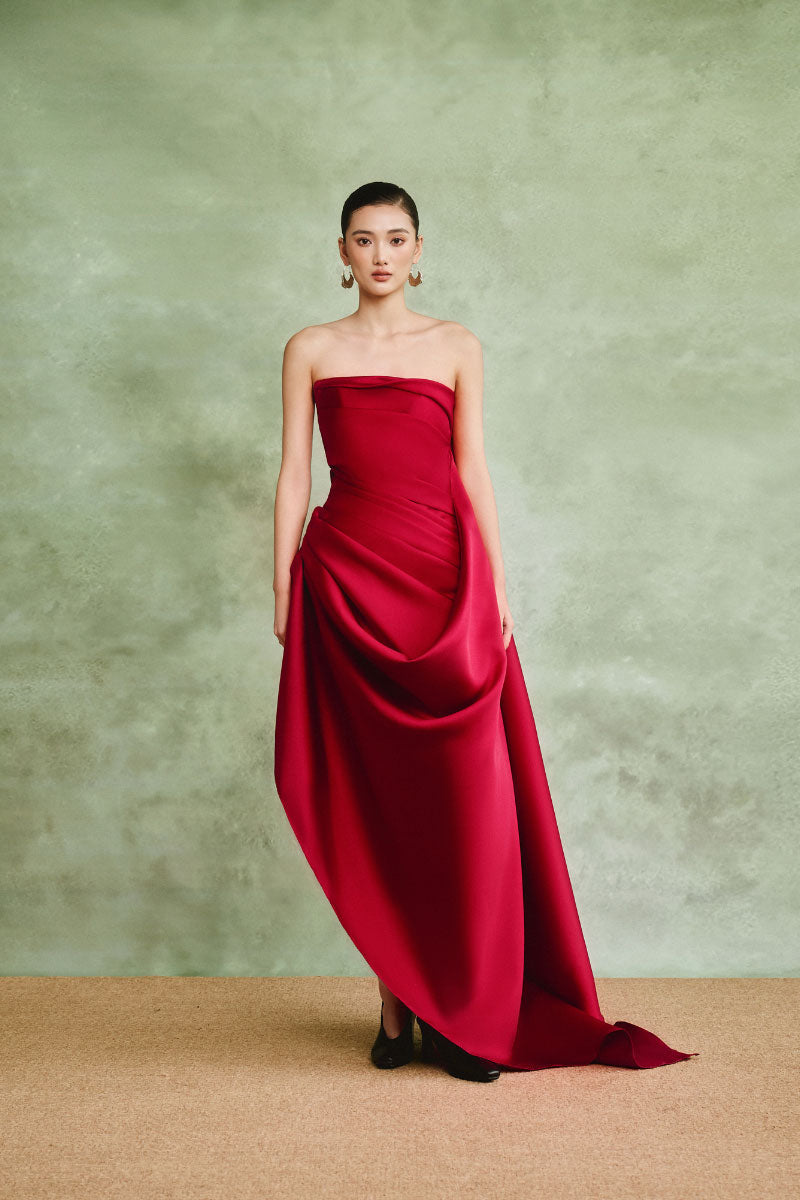 elegant ruby red dress Ruby Red Chic High split Court Train Long evening Dress