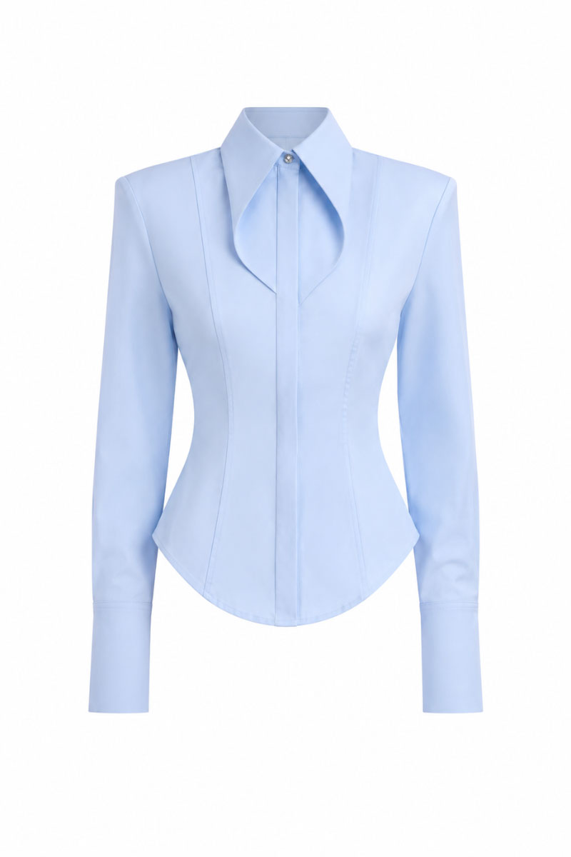 Keira Tong striped cupped collar shirt featuring a stylish collar and button-down design, shown in a close-up image.
