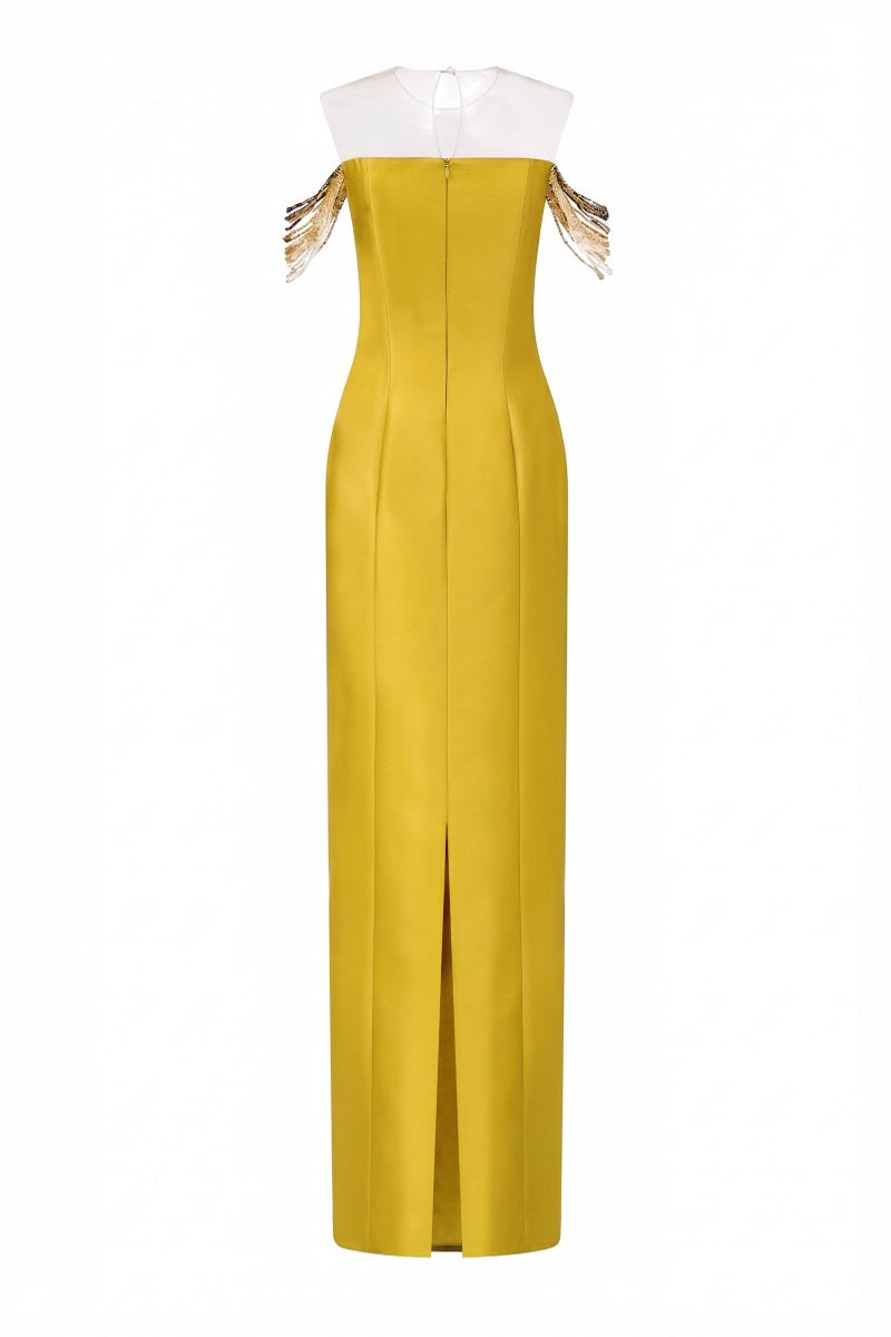 Yellow CELESTE royal taffeta gown by 21Six, featuring elegant fabric and a flattering silhouette, shown on a dress form.