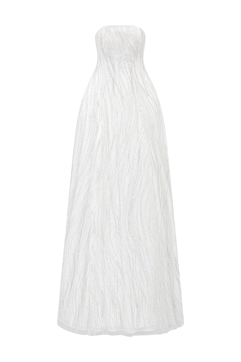 STRAPLESS WAVY CRYSTAL EMBELLISHED DRESS - CULT MIA