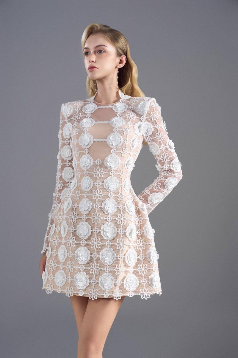 ROSEE de MATIN LONG SLEEVE White LACE MINI DRESS