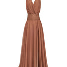 Brown double-layer chiffon maxi dress by CEM, featuring flowing fabric and elegant design, perfect for formal or casual occasions.