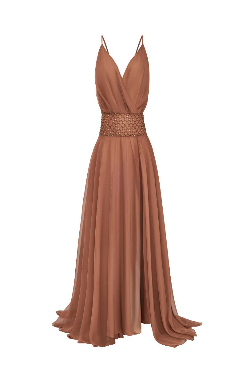 BROWN STRAPLESS CHIFFON MAXI DRESS | CULT MIA | CEM BROWN STRAPLESS CHIFFON MAXI DRESS | CULT MIA | CEM