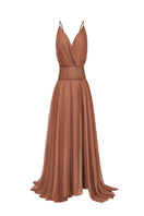 Brown double-layer chiffon maxi dress by CEM, featuring flowing fabric and elegant design, perfect for formal or casual occasions.