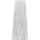 White Valenciani all-over fringe midi dress displayed on a hanger with intricate fringe details and a flowing design.