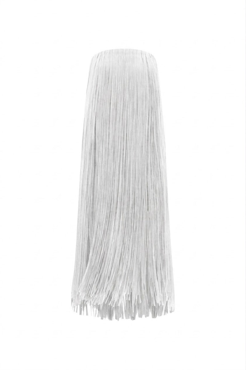 White Valenciani all-over fringe midi dress displayed on a hanger with intricate fringe details and a flowing design.