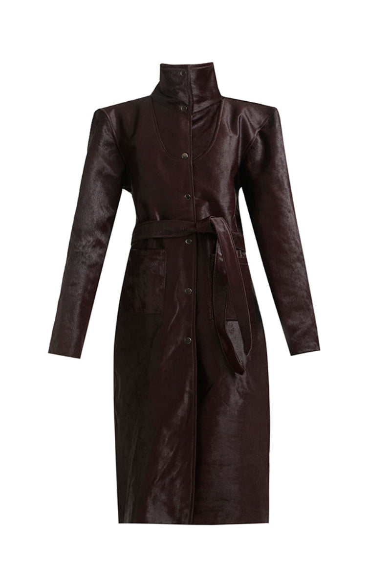 Deme By Gabriella brown leather cherry jacket with a stylish collar and classic design, displayed on a hanger.