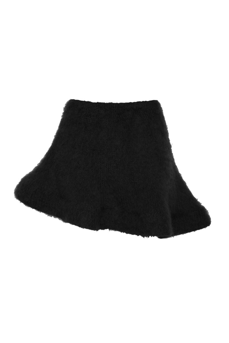 Black knitted mini skirt from Lalo, featuring a close-up of the textured fabric and fitted waist design.