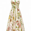 BY HAÓ Amoréa bustier maxi dress in flowing fabric, featuring a fitted bodice and full-length skirt.
