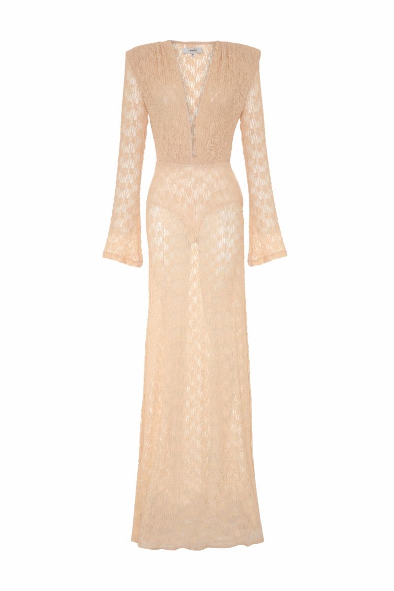 Light pink salmon long-sleeved maxi dress by AWAVE, flowing fabric, elegant style, perfect for formal or casual occasions.