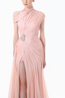 Blush rose pleated draped maxi gown by Happy Clothing featuring elegant flowing fabric and a sophisticated design.