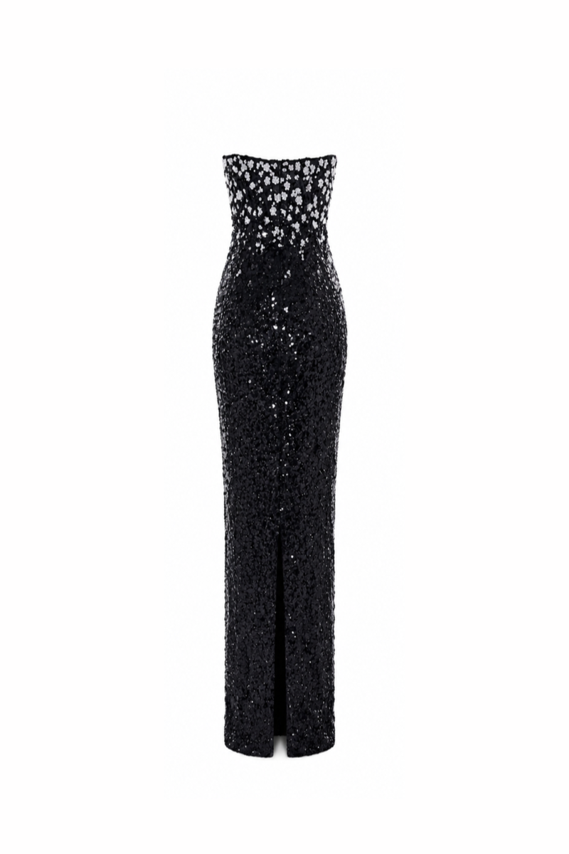 Black Luna floral sequin gown by HACCHIC COUTURE featuring intricate floral embroidery and a flowing maxi dress silhouette.