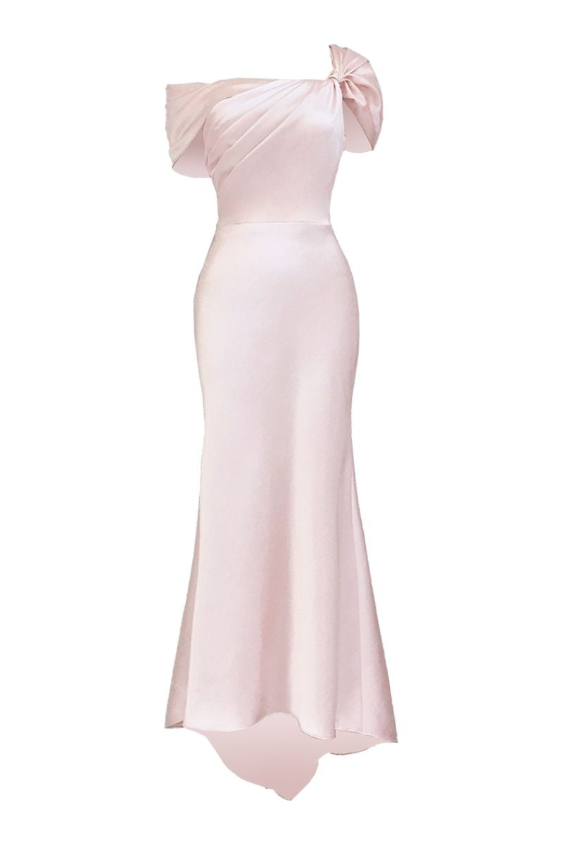 ROSE GOLD OFF-SHOULDER SILK MAXI DRESS - CULT MIA