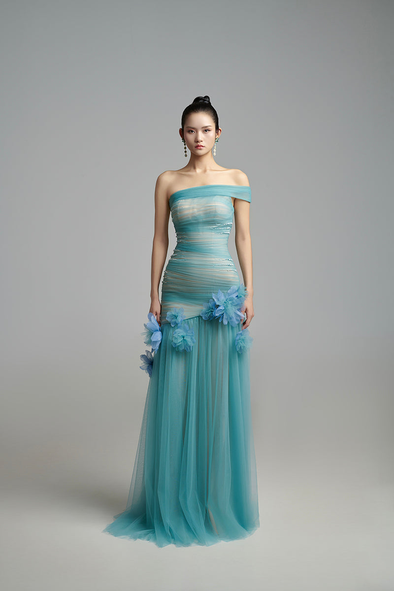3D FLOWER ONE SHOUDLER ORGANZA MAXI DRESS