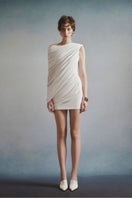 White Plan Lyra draped mini dress, stylish sleeveless design with a fitted bodice and flowy skirt, perfect for summer occasions.