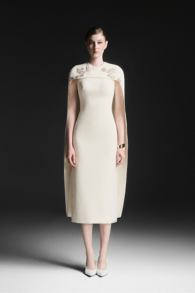 Maison Des Copains NERISSE embroidery midi dress in vanilla cream, featuring intricate embroidery and a flowing midi silhouette.