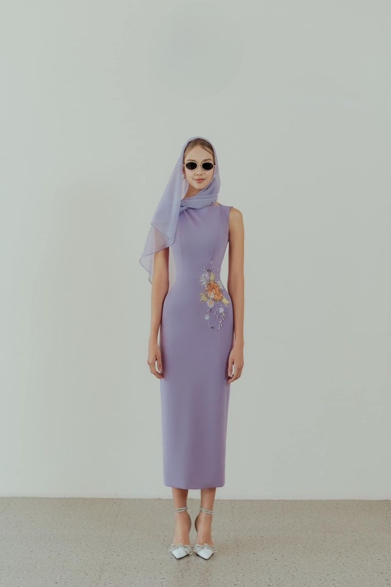 CHARMIE VIOLET EMBROIDERED PENCIL MIDI DRESS - CULT MIA