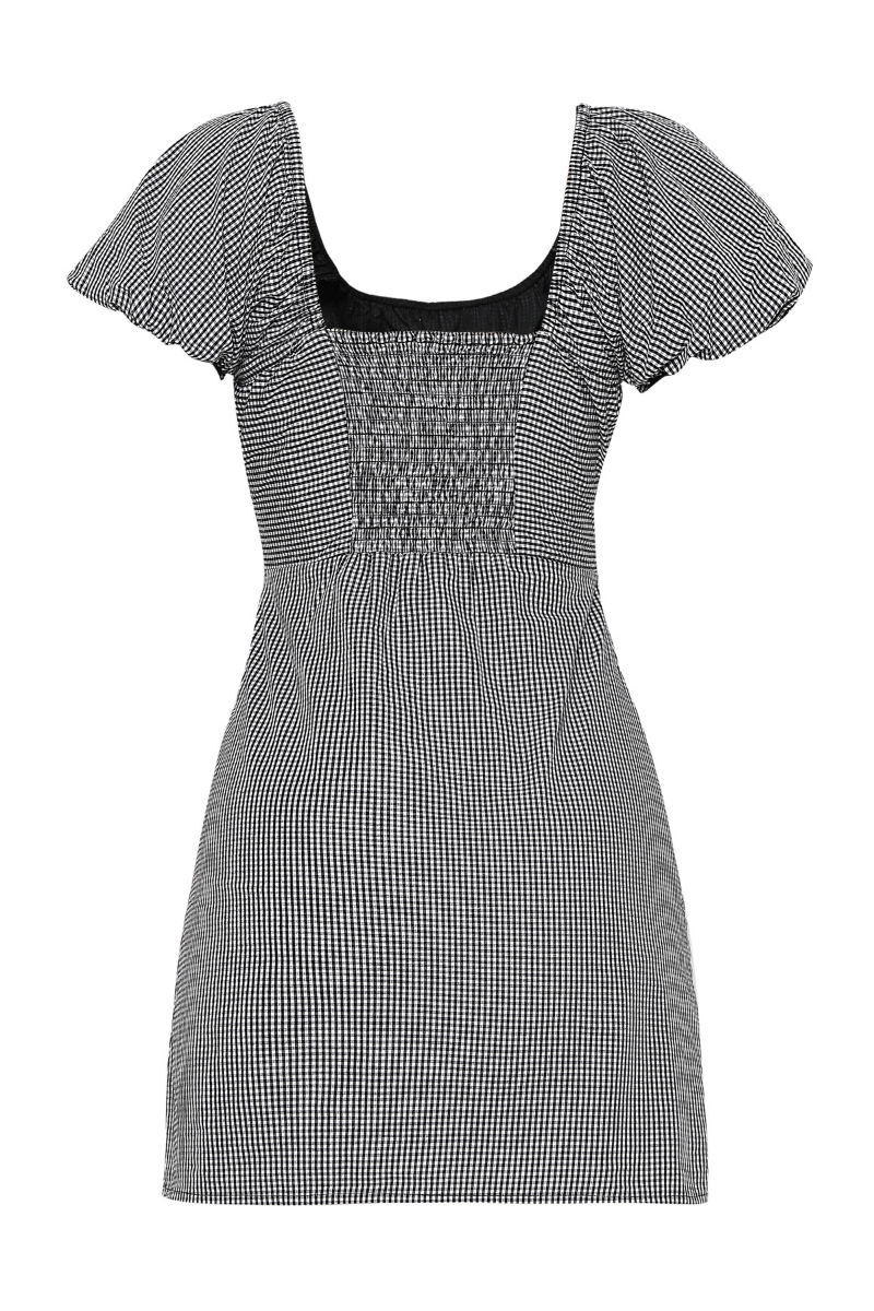 Black check Dominica mini dress by Summer Away, stylish short dress with a fitted silhouette and checkered pattern.