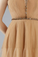 Brown pleated mesh midi dress by Happy Clothing featuring a flowy silhouette and elegant design.