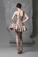 Champagne beige short flared mini dress by Phan Huy, featuring a stylish and elegant silhouette perfect for special occasions.