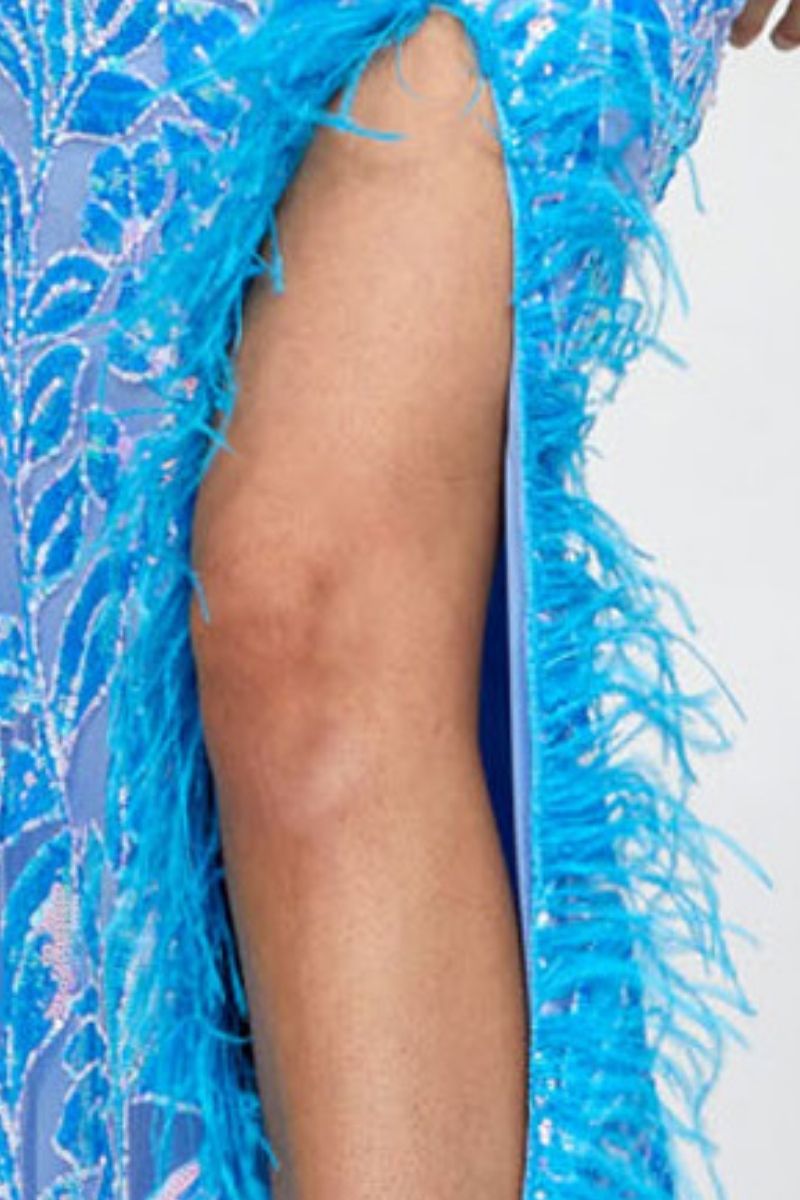 ATIRA FEATHERED GOWN IN IRRIDESCENT BLUE - CULT MIA
