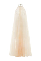 Valenciani ivory halter neck pleated midi dress displayed on a hanger, showcasing elegant fabric and flowing pleats.