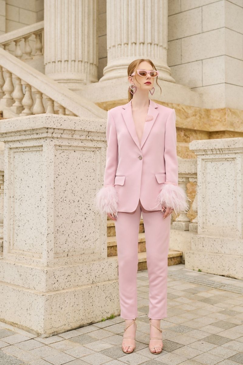 BABY PINK KELLY TAFFETA FEATHER SUIT JACKET AND PANTS SET - CULT MIA