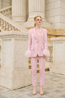 Baby pink Kelly taffeta feather suit co-ords by 21Six, featuring a jacket and pants set with feather details and a soft, elegant fabric.