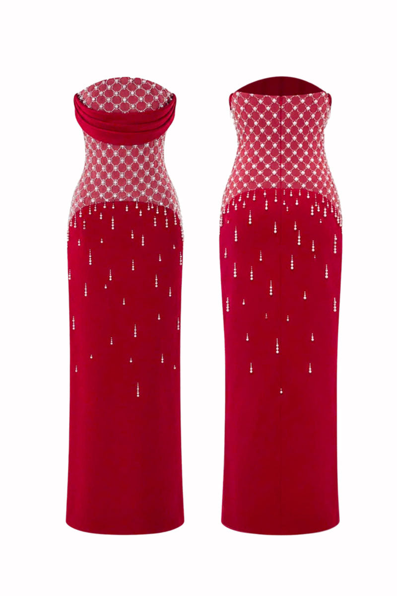 Crimson red maxi dress with a ruby crystal corset from HACCHIC COUTURE, featuring intricate detailing and elegant flowing fabric.