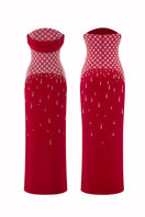 Crimson red Ruby Crystal corset gown by HACCHIC COUTURE with intricate crystal embellishments and a fitted silhouette.