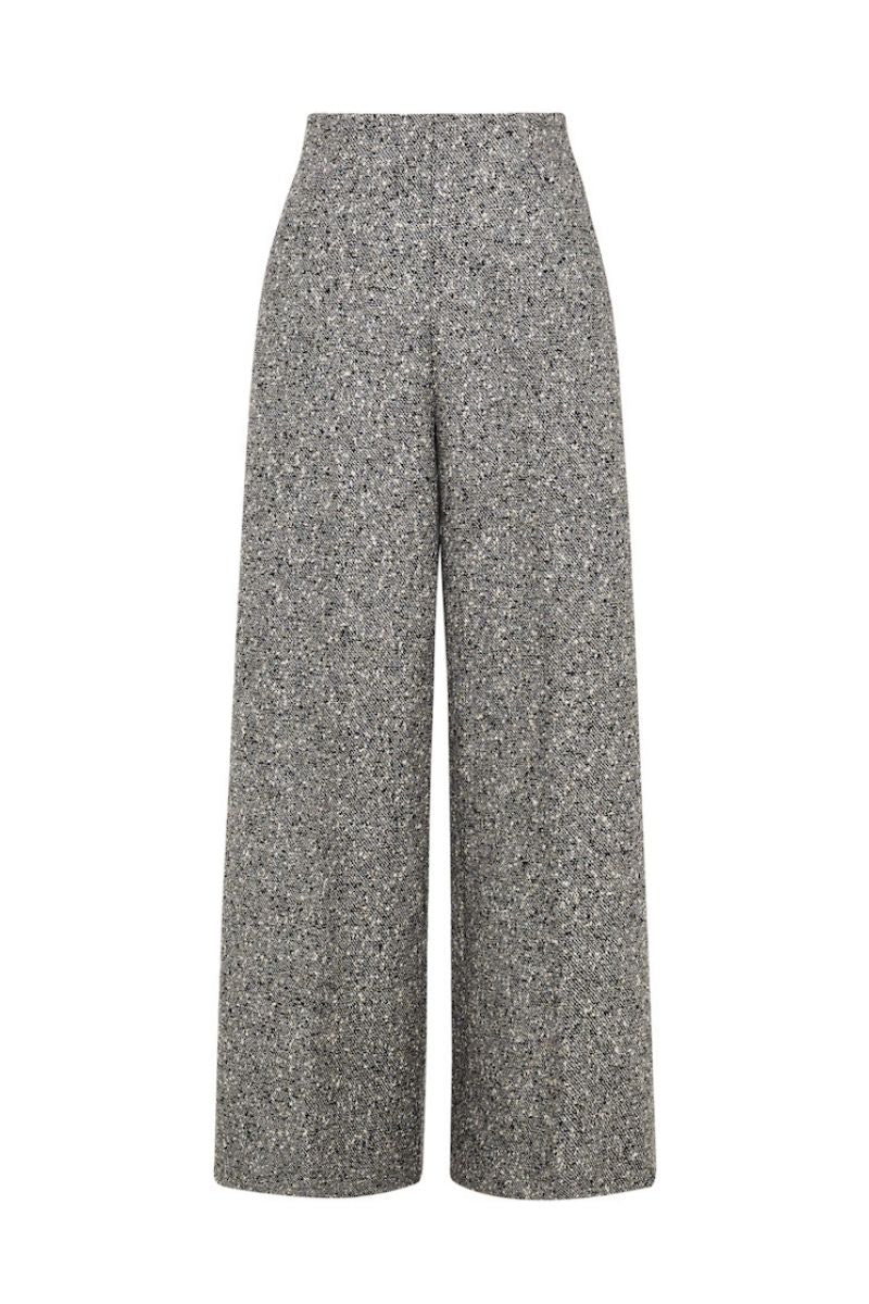 Gray tweed straight pants by Levia featuring a tailored fit and classic design, shown on a neutral background.